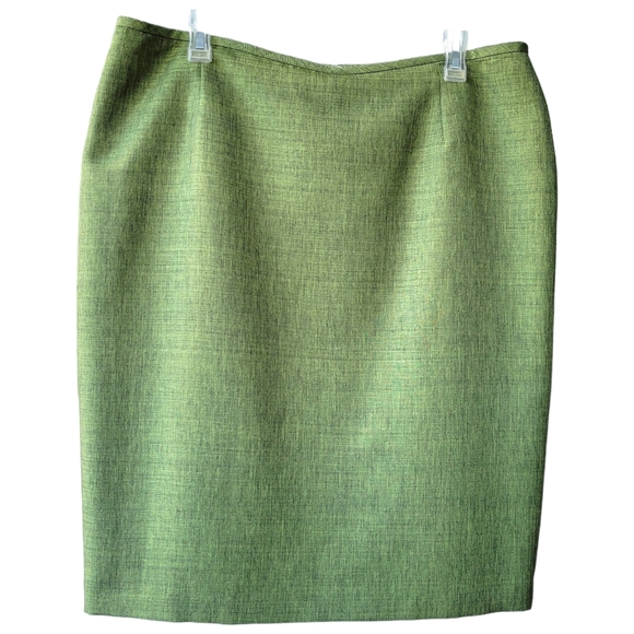 Le Suit pencil midi skirt shiny olive-green hidden back zip back slit lined 14P - Picture 1 of 8